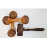 PAIR OF VINTAGE WOOD DUMBELLS of usual form, 22cm long, together with a vintage turned gavel, 24cm