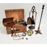 MIXED LOT OF COLLECTABLES including a small brass companion set, thistle finial fire poker, pine