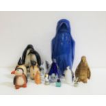 SELECTION OF THIRTEEN PENGUINS including a large blue pottery example, salt and pepper set, three