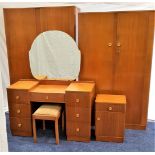 MAHOGANY BEDROOM SUITE comprising two double door wardrobes with hanging space and shelves, 188cm