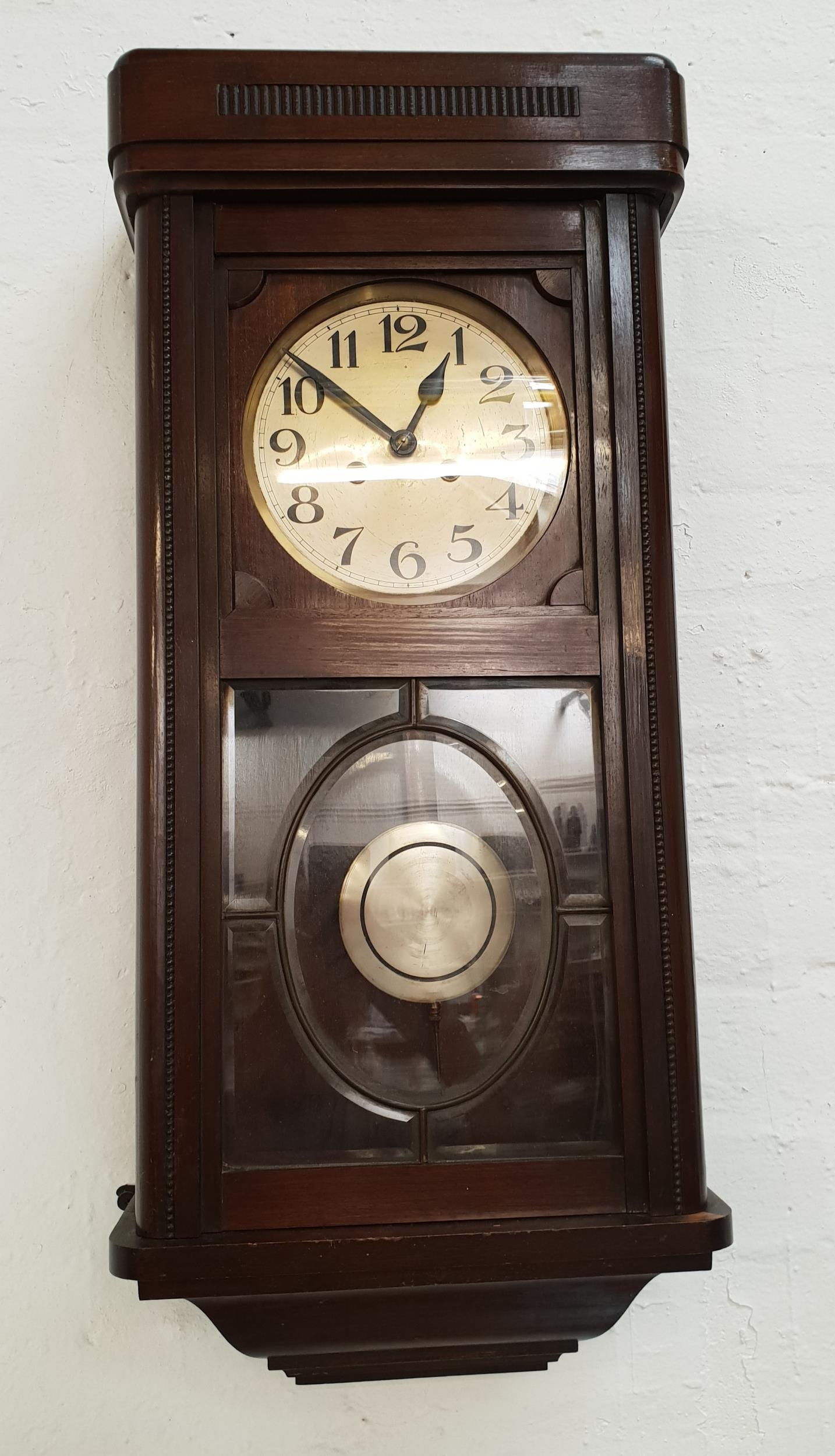 MAHOGANY REGULATOR WALL CLOCK the circular silvered dial with Arabic numerals and an eight day