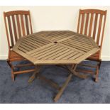 TEAK OCTAGONAL GARDEN TABLE with a slatted top on folding supports, 110cm wide, together with two
