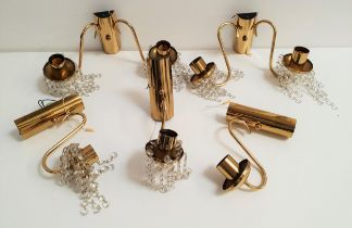 SELECTION OF BRASS WALL LIGHTS including a pair of two branch with scroll arms and three single