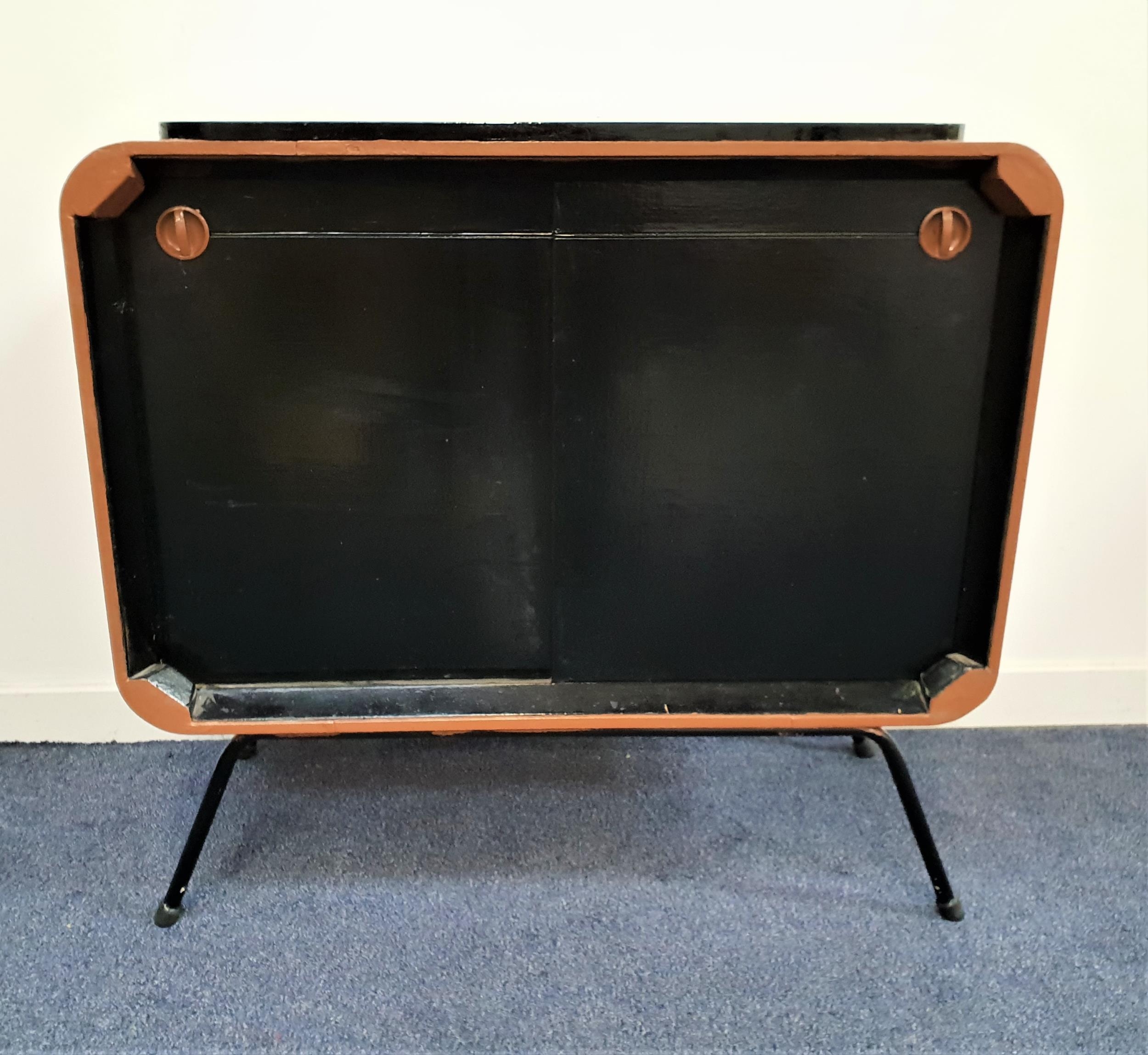 RETRO 1950s SIDE CABINET constructed in ply and later painted, with a stepped top on a rounded frame