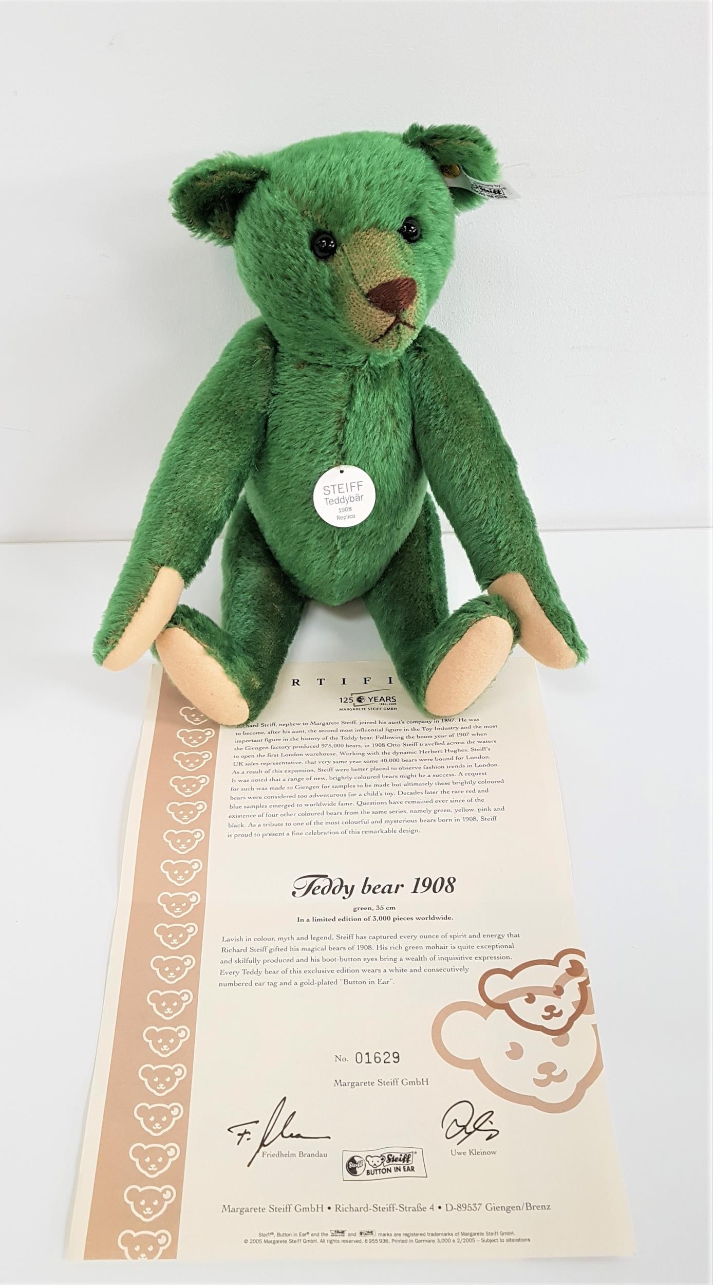 LIMITED EDITION STEIFF TEDDY BEAR 1908 REPLICA in green mohair, number 1629 of 3000, with