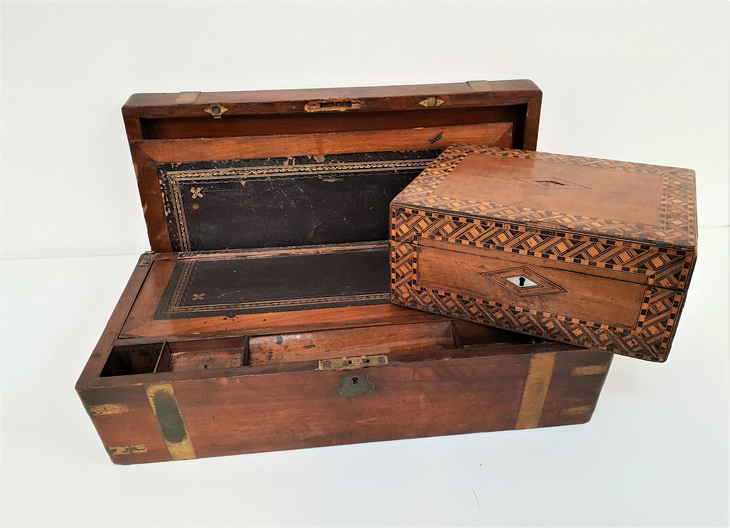 VICTORIAN ROSEWOOD WRITING BOX with brass banding and an inset brass plaque, 50cm wide, together