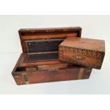 VICTORIAN ROSEWOOD WRITING BOX with brass banding and an inset brass plaque, 50cm wide, together