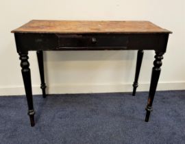 LATE VICTORIAN MAHOGANY SIDE TABLE with a moulded top above a frieze drawer, standing on turned