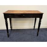 LATE VICTORIAN MAHOGANY SIDE TABLE with a moulded top above a frieze drawer, standing on turned