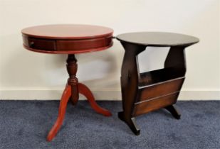 MAHOGANY DRUM TOP TABLE with a circular top with three frieze drawers, standing on a turned column