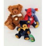 THREE STEIFF TEDDY BEARS comprising a harlequin bear (30cm high); a classic series brown mohair bear