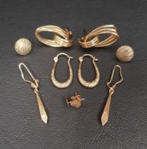 FIVE PAIRS OF NINE CARAT GOLD EARRINGS comprising two pairs of hoop style earrings, one pair of drop