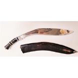 LARGE KUKRI KNIFE with a curved 60cm etched blade and ebony handle with a lion mask, contained in
