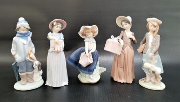 FIVE LLADRO FIGURINES comprising New Shoes - number 6487; Pretty Pickings; a girl with a parcel; a