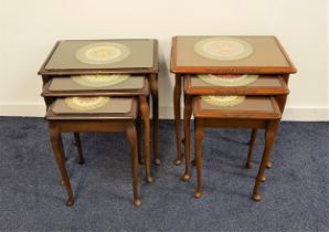 MAHOGANY NEST OF TABLES with inset glass tops and a chinese circular place mat under the glass,