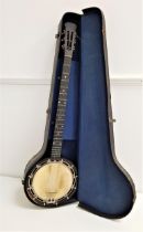 BANJO with a mahogany and ebonised body, the neck with mother of pearl inlay, in a fitted case