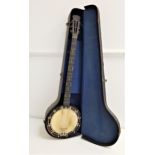 BANJO with a mahogany and ebonised body, the neck with mother of pearl inlay, in a fitted case