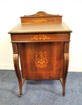 EDWARDIAN ROSEWOOD AND INLAID DAVENPORT the shaped and raised back stationary box with a fitted