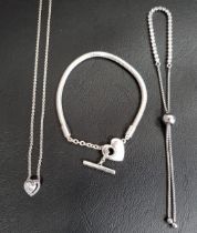 SELECTION OF PANDORA SILVER JEWELLERY comprising a Moments Heart T-Bar Snake Chain Bracelet, a CZ