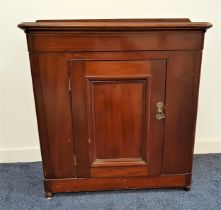 MAHOGANY SIDE CABINET with a shaped raised back above a moulded top with a panelled cupboard door