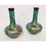 PAIR OF CLOISONNE BOTTLE VASES raised on a circular foot rising to a high waisted cylindrical