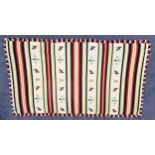 SPANISH STYLE WOVEN THROW with a white, red and black multi stripe decorated with birds and