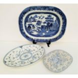 VICTORIAN OVAL MEAT PLATE transfer decorated in the Willow pattern, with an impressed crown to the