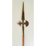 DECORATIVE BRASS HALBERD with a turned wood shaft, 207cm long