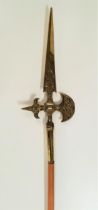 DECORATIVE BRASS HALBERD with a turned wood shaft, 207cm long