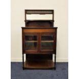 EDWARDIAN TEAK SIDE CABINET with a pierced lattice work frame above a bevelled rectangular mirror