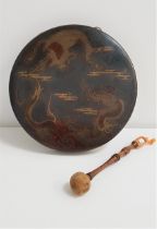 DECORATIVE TABLE GONG decorated with dragons, 30cm diameter, together with an oak turned mallet with