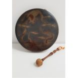 DECORATIVE TABLE GONG decorated with dragons, 30cm diameter, together with an oak turned mallet with