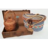 WOVEN SHAPED WICKER BASKET with colourful woven entwined nylon, with rope carry handles, 27cm