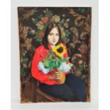 JOSEPH KEARNEY (Scottish 1939-2017) Girl with a sunflower, oil on canvas, unframed, signed and dated