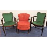 PAIR OF OAK ELBOW CHAIRS with shaped padded backs and seats, the arms with splat supports,