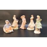 FIVE COALPORT BISQUE FIGURINES comprising three from The Four Seasons Collection - Harvest Maid, The