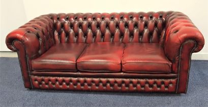 CHESTERFIELD SOFA in ox blood red leather with a button back and scroll arms with decorative stud