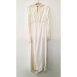 VINTAGE WEDDING DRESS with crochet detail to the neck, train, sleeves and hem, with five simulated