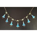 ATTRACTIVE ENAMEL AND SILVER NECKLACE with seven enamel decorated bluebell drops on attached