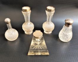 PAIR OF GLASS SPILL VASES with silver collars, Birmingham 1900, two silver lidded glass scent
