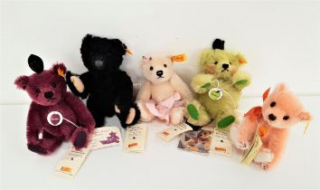 FIVE SMALL STEIFF TEDDY BEARS in mohair and with paper tags, comprising Fairy 18 with petal skirt