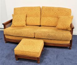 ERCOL BERGER SOFA in elm with caned side panels, back, seat and scatter cushions in yellow damask,