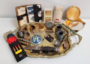 MIXED LOT OF COLLECTABLES including a shaped brass tray, five horn napkin rings, vintage RAC