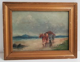 JAS LOGIE Beach Scene with horse and cart, oil on canvas, signed and dated 1921, 25.5cm x 36cm
