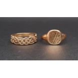 TWO NINE CARAT GOLD RINGS one a signet ring and the other with entwined pierced detail, ring sizes K