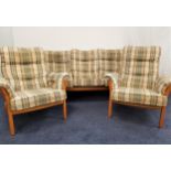 ERCOL ELM SAVILLE THREE PIECE SUITE with a three seat sofa, 187cm wide, and two armchairs, all