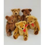 FIVE BIG SOFTIES PLUSH TEDDY BEARS all with jointed limbs and ribbons round their necks, the largest