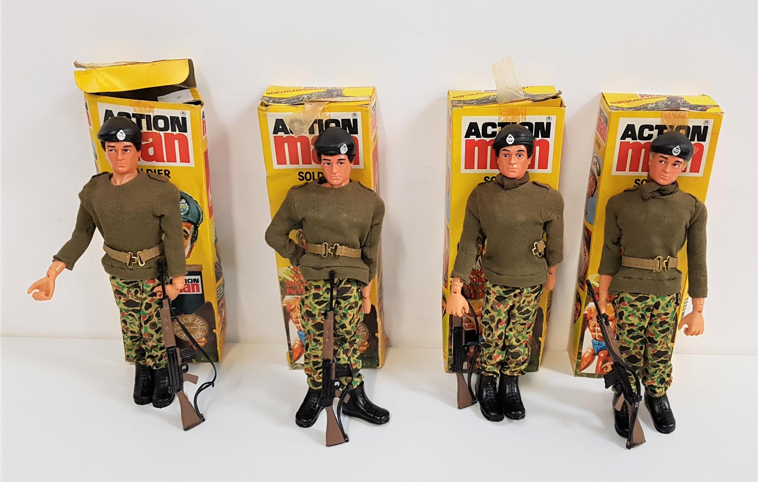 FOUR PALITOY ACTION MAN FIGURES all soldiers with military uniform, boots, beret, belt, scarf and