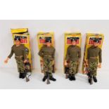 FOUR PALITOY ACTION MAN FIGURES all soldiers with military uniform, boots, beret, belt, scarf and