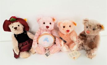 FOUR STEIFF TEDDY BEARS all in mohair and with paper tags, comprising Girl 23 holding a tennis